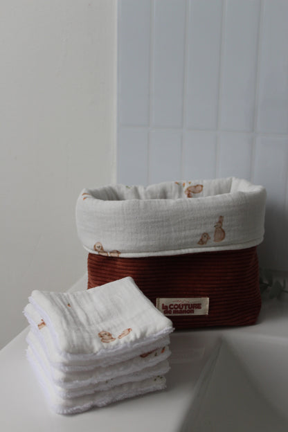 Panier de rangement + 5 cotons lavables lapins
