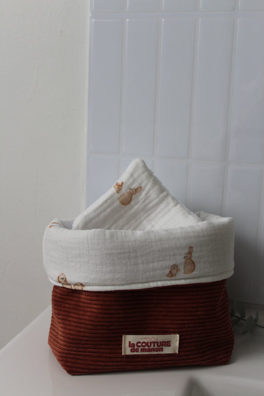 Panier de rangement + 5 cotons lavables lapins