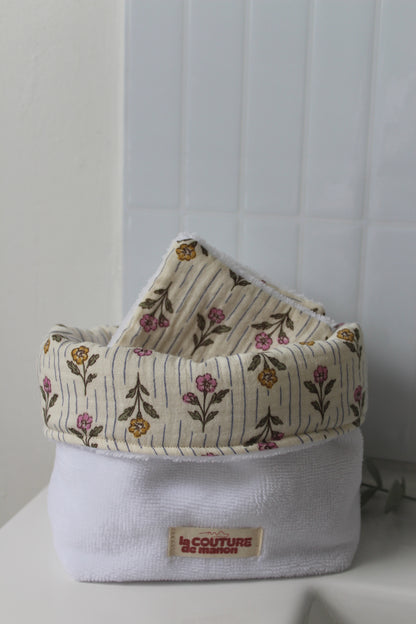 Panier de rangement + 5 cotons lavables fleuris
