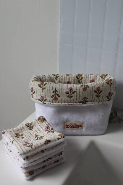 Panier de rangement + 5 cotons lavables fleuris