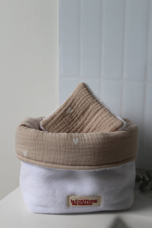 Panier de rangement + 5 cotons lavables coeurs
