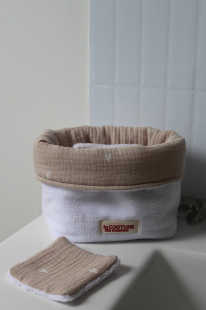 Panier de rangement + 5 cotons lavables coeurs